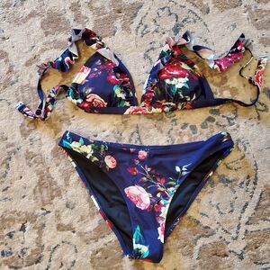 Cupshe Floral Navy Ruffle Bikini Size M